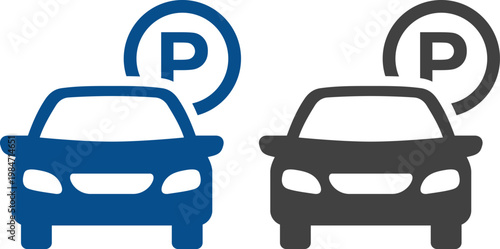 Parking icon set with cars, parking signs, maps and vehicles in flat blue and gray style isolated on white background, perfect for navigation apps, transport and urban design projects.