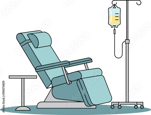 A medical recliner chair with an IV drip stand on transparent background
