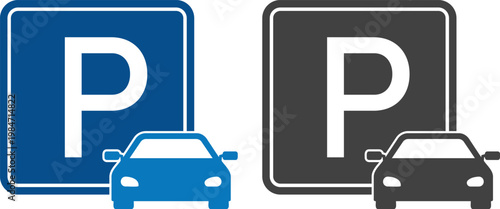 Parking icon set with cars, parking signs, maps and vehicles in flat blue and gray style isolated on white background, perfect for navigation apps, transport and urban design projects.