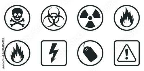 Hazard warning symbols, warning icons for hazardous substances and danger alerts in chemical storage transport and safety compliance systems concept