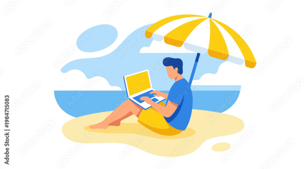 Fototapeta premium Man working on laptop under umbrella on beach summer remote work concept