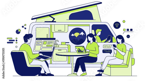 People working inside a camper van using laptops and tablets with wifi illustrations