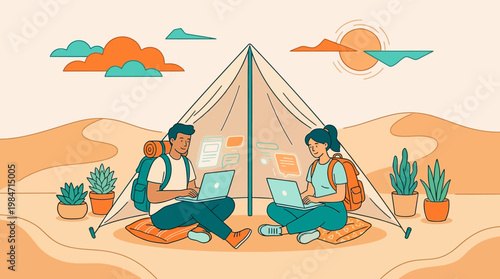Nomadic digital workers tent office in desert oasis for remote work and travel