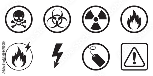 Hazard warning symbols, safety signs for dangerous materials and hazardous situations in industrial chemical transport and workplace environments concept illustration