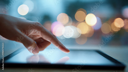 Woman interacting with holographic screen interface in futuristic environment glowing UI elements and soft blur background