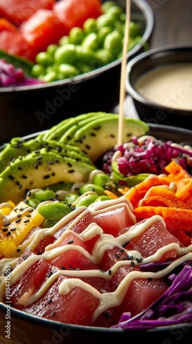 Appetizing Close-Up of Gourmet Hawaiian Tuna Poke Bowl