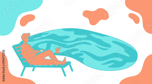 Man relaxing on lounge chair with laptop and beverage near abstract turquoise pool