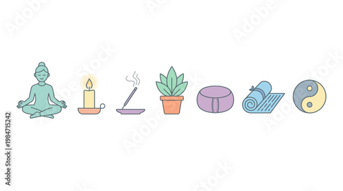 A serene meditation scene with a person, candle, incense, plant, yoga mat, and yin yang symbol.