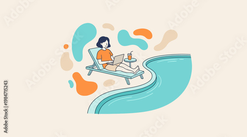 Woman relaxing beside pool with laptop vector illustration leisure and work