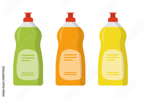 Set of colorful dish soap bottles isolated on white background. Washing dishes.  Housework concept. Vector stock