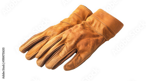 A pair of brown leather gloves on transparent background