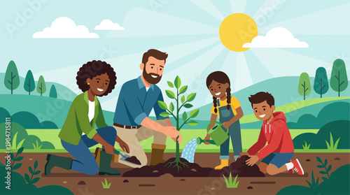 A vibrant flat design illustration depicting a diverse group of people planting a sapling together, symbolizing community action and growth for World Environment Day. 