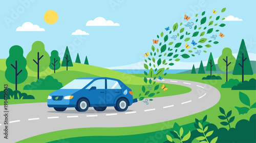A modern flat design illustration depicting a car emitting clean air and green elements, symbolizing sustainable transportation and improved air quality. 