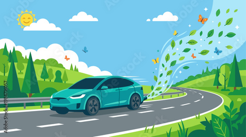A modern flat design illustration depicting a car emitting clean air and green elements, symbolizing sustainable transportation and improved air quality. 