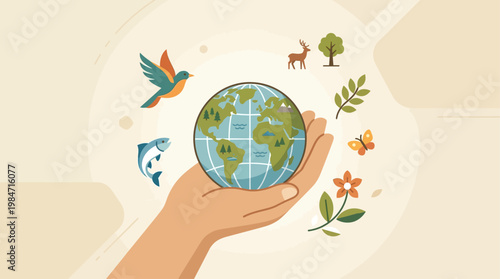 A heartwarming flat design illustration showcasing an open hand cradling Earth with various animal and plant icons, symbolizing the protection of biodiversity. 