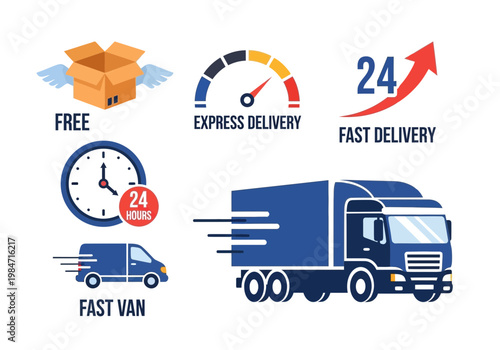 Modern vector icons illustrating swift and reliable delivery services, featuring free shipping, express options, 24-hour availability, and efficient freight transportation