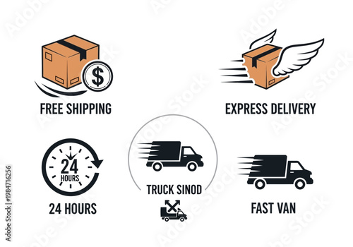 Essential set of streamlined black and white icons representing various aspects of efficient logistics, fast delivery, and reliable shipping services for modern e-commerce and business operations