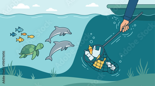 A compelling flat design illustration depicting marine life thriving as a human hand removes plastic pollution from the ocean. This modern vector highlights the importance of ocean cleanup