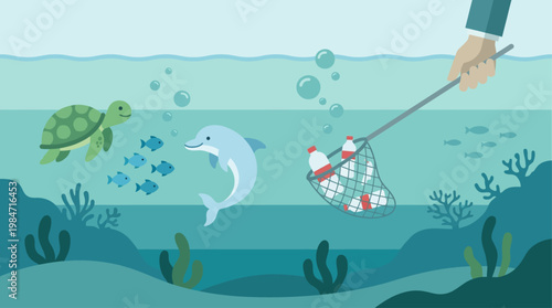 A compelling flat design illustration depicting marine life thriving as a human hand removes plastic pollution from the ocean. This modern vector highlights the importance of ocean cleanup