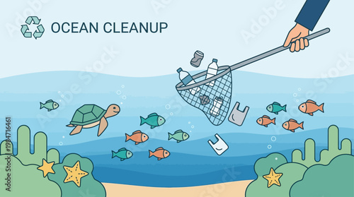 A compelling flat design illustration depicting marine life thriving as a human hand removes plastic pollution from the ocean. This modern vector highlights the importance of ocean cleanup