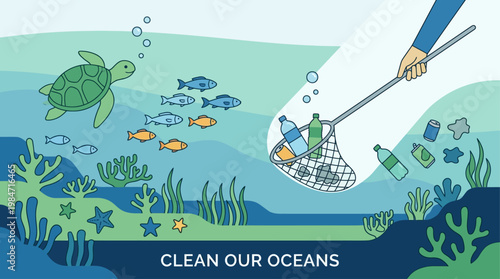 A compelling flat design illustration depicting marine life thriving as a human hand removes plastic pollution from the ocean. This modern vector highlights the importance of ocean cleanup