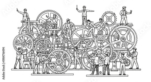 Vintage industrial machinery with gears and workers assembly.