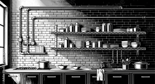 Vintage industrial kitchen shelf with dishes and cookware.