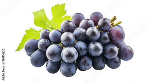 A bunch of purple grapes with a green leaf on transparent background