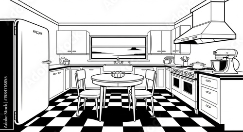Vintage Checkerboard Kitchen Interior With Round Table.