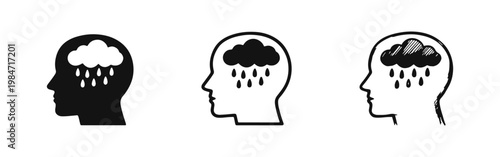 Sad mood and depression icon set, head profile with raining cloud for mental health
