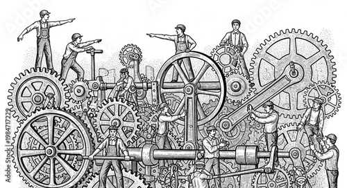 Workers Operating Large Industrial Gears And Machinery.