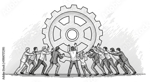 Workers Collaboratively Pushing Large Industrial Gear Together.