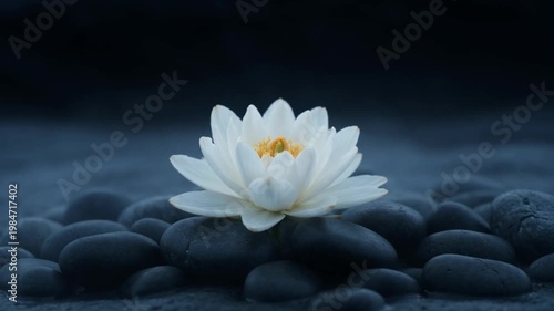 Serene White Lotus Blossom Resting on Smooth Black Stones for Ganga Dussehra Celebrations in 4K Video