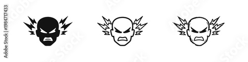 Mental stress and anger head icon set, frustrated human profile with lightning bolts