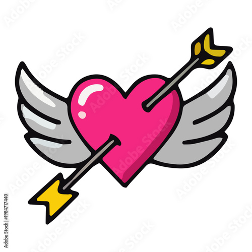 Cartoon Heart with Wings and Arrow