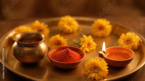 Traditional Arrangement Brass Thali with Kalash, Kumkum, Diya, and Marigold Flowers for Hindu Festivals like Ganga Dussehra