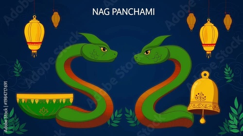Vibrant Nag Panchami Illustration Two Animated Snakes, Golden Lamps, and Bell for Festive Hindu Celebrations