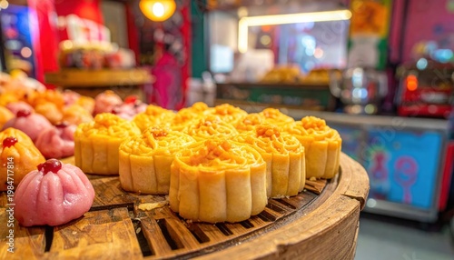 Assortment of Golden Dim Sum Pastries and Sweet Delicacies displayed on a Wooden Platter