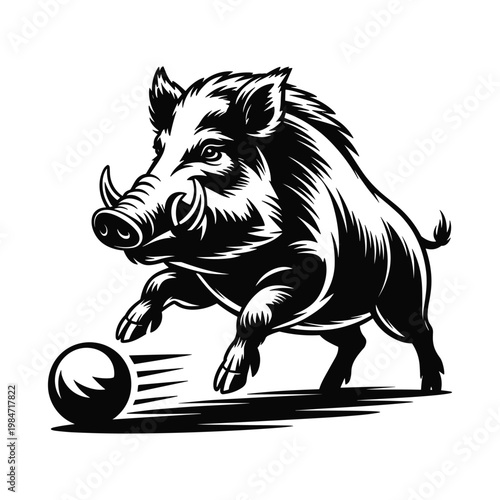 Aggressive wild boar with tusks kicking a spherical object in a dynamic action pose