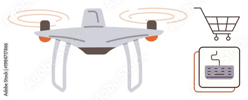 E-commerce, automation, delivery services, logistics, retail technology, innovation. A quadcopter with a shopping cart and package icon. E-commerce and automation concept