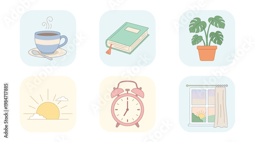 Morning routine with coffee book plant sunrise alarm window