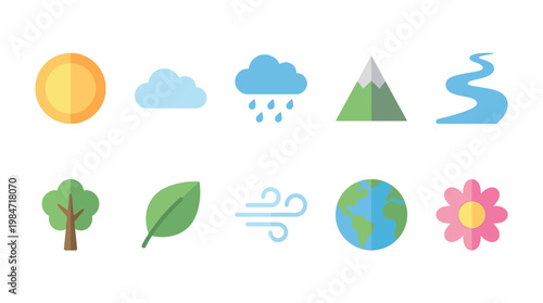 Earth's diverse natural elements icons set with sun cloud rain mountain river tree leaf wind globe and flower