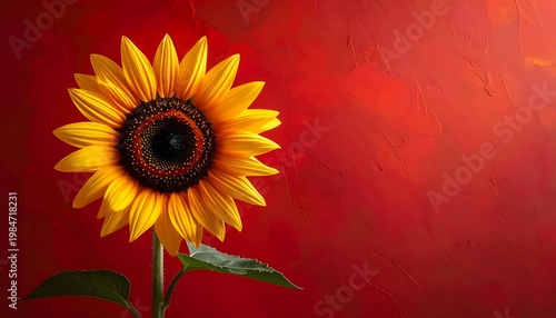 Sunflower on red background. Bright yellow petals, dark center, green stem. Textured, painterly backdrop