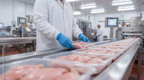 Worker inspecting packaged raw chicken breast fillets on industrial food processing and packaging line in modern poultry factory.