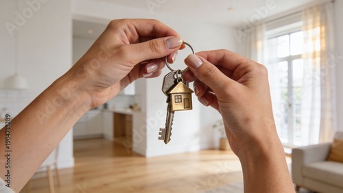 Close-up of hands holding house keys in a modern apartment, symbolizing home ownership and new beginnings.