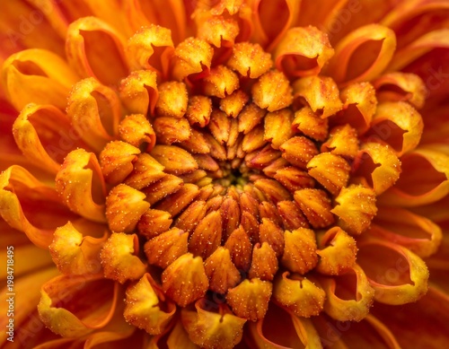 Tightly layered, vibrant orange flower blossom with dew drops on petals, seen in macro detail