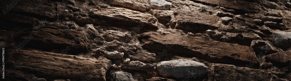 Fototapeta premium Rustic stone wall texture with rough surface and natural lighting