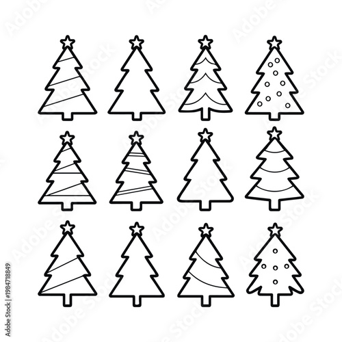Christmas tree outline icon set, vector illustration.