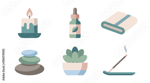 Relaxation setup with candle, oil, towel, stones, plant, and incense for calm ambiance indoors.