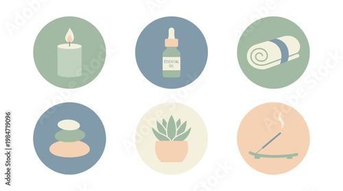 Relaxing spa icons including a candle, essential oil, and towel on a serene background with stones and plant.